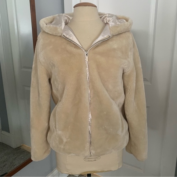 Say What? - Size Medium Tan Faux Fur Hooded Zip Front Jacket / Coat - Picture 2 of 9